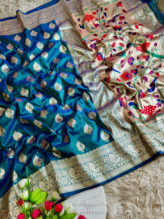 Firozi Traditional Paithani Silk Saree with Meenakari Zari Weaving Work