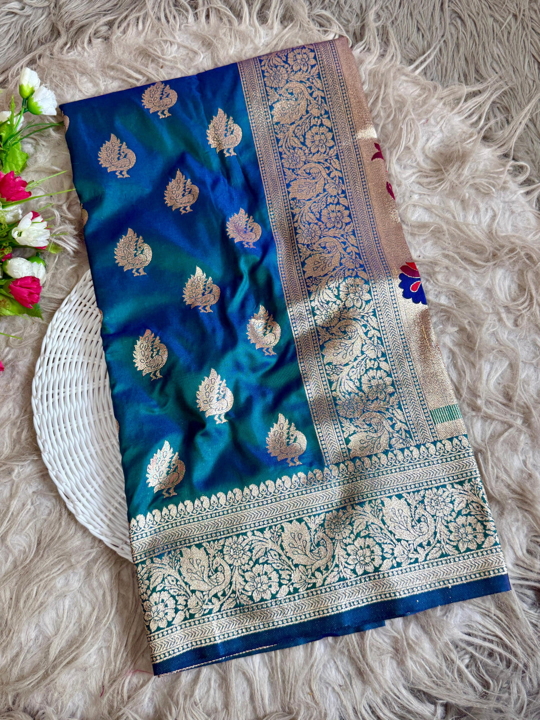 Firozi Traditional Paithani Silk Saree with Meenakari Zari Weaving Work