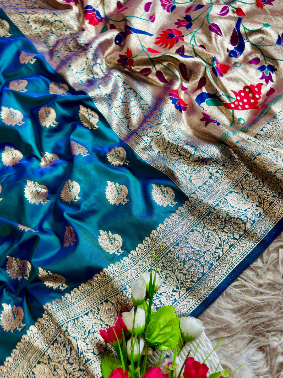 Firozi Traditional Paithani Silk Saree with Meenakari Zari Weaving Work