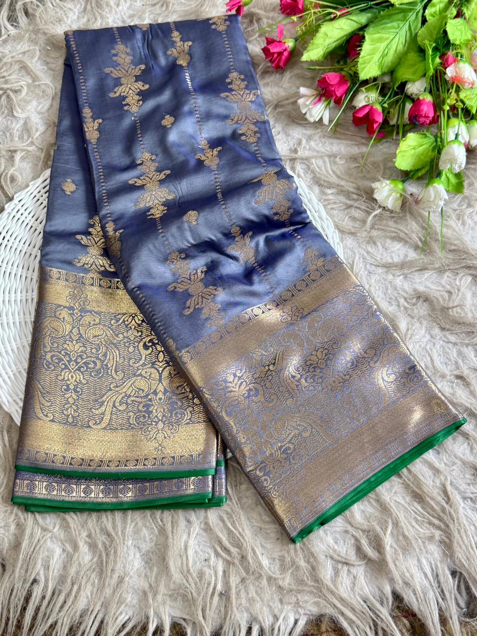 Grey Kanchipuram Semi-Silk Saree with Rich Golden Zari Weaving